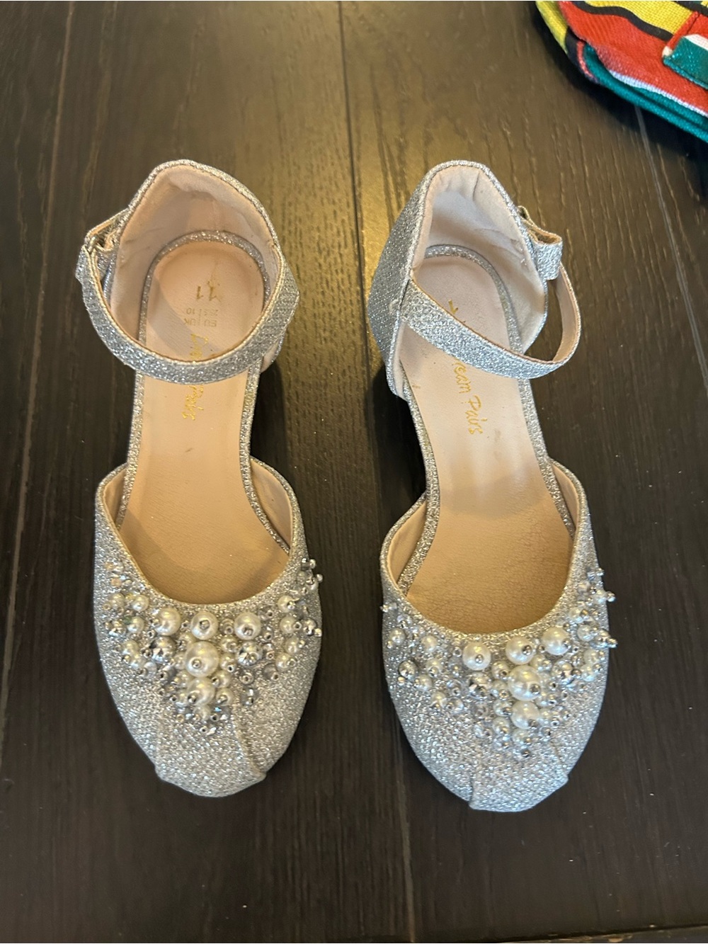 Girls' Silver Pearl Embellished Ankle-Strap Flats